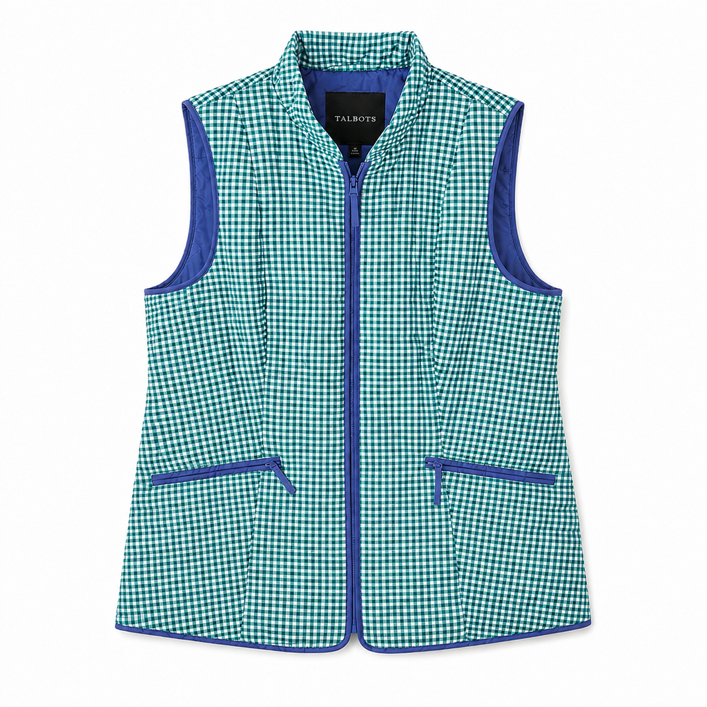 Talbots Teal/White Gingham Check Vest