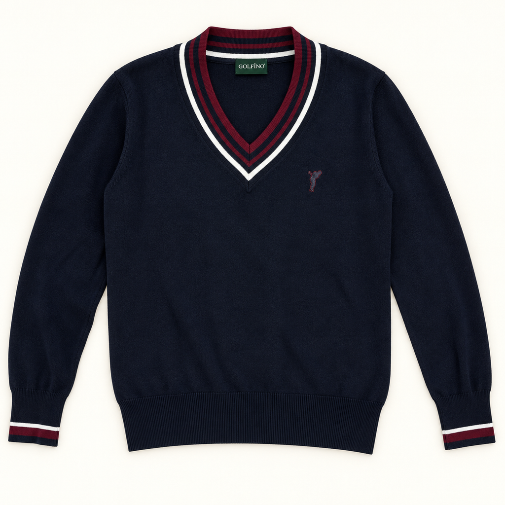 GOLFINO Navy/Burgundy V-Neck Golf Sweater | Large